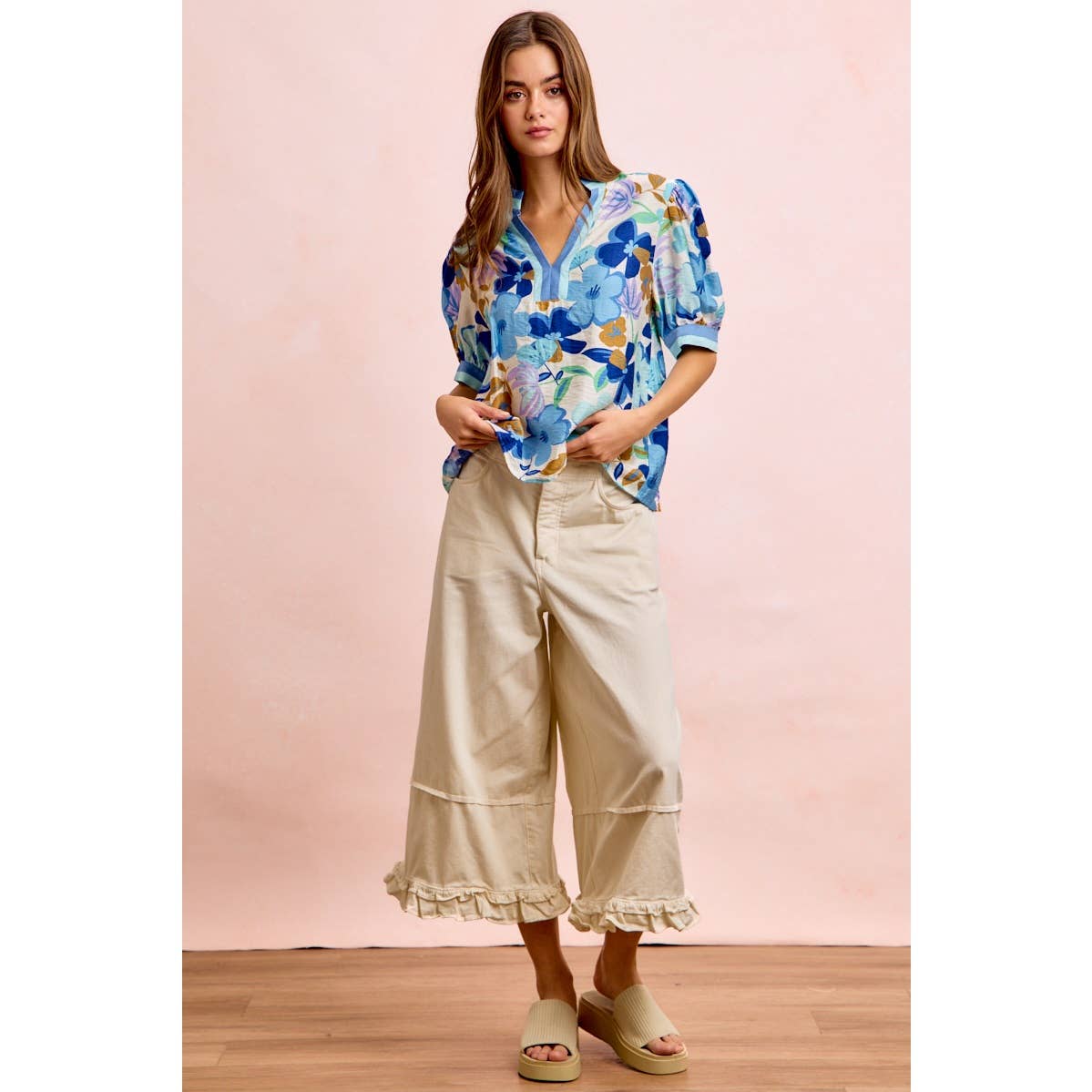 Bibi Woven Puff Sleeve Blouse with Contrast Trim