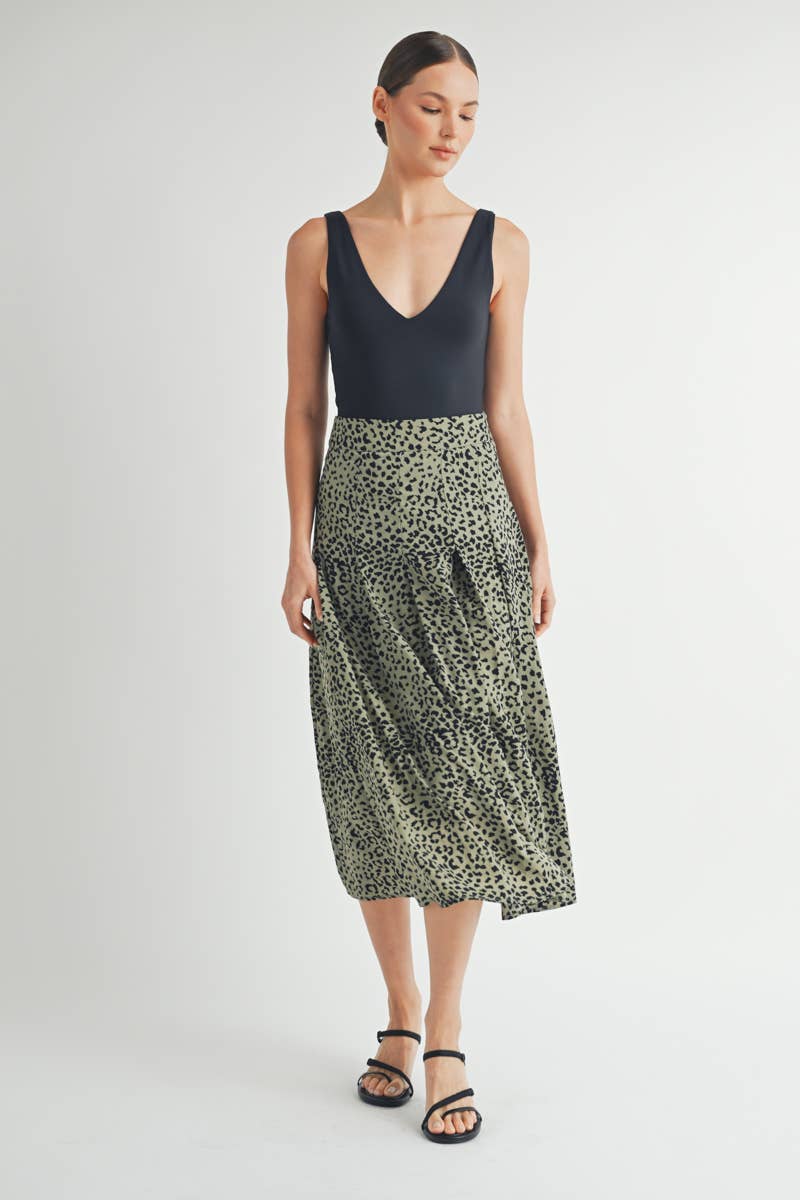 Olive Leopard Print Tiered Midi Skirt