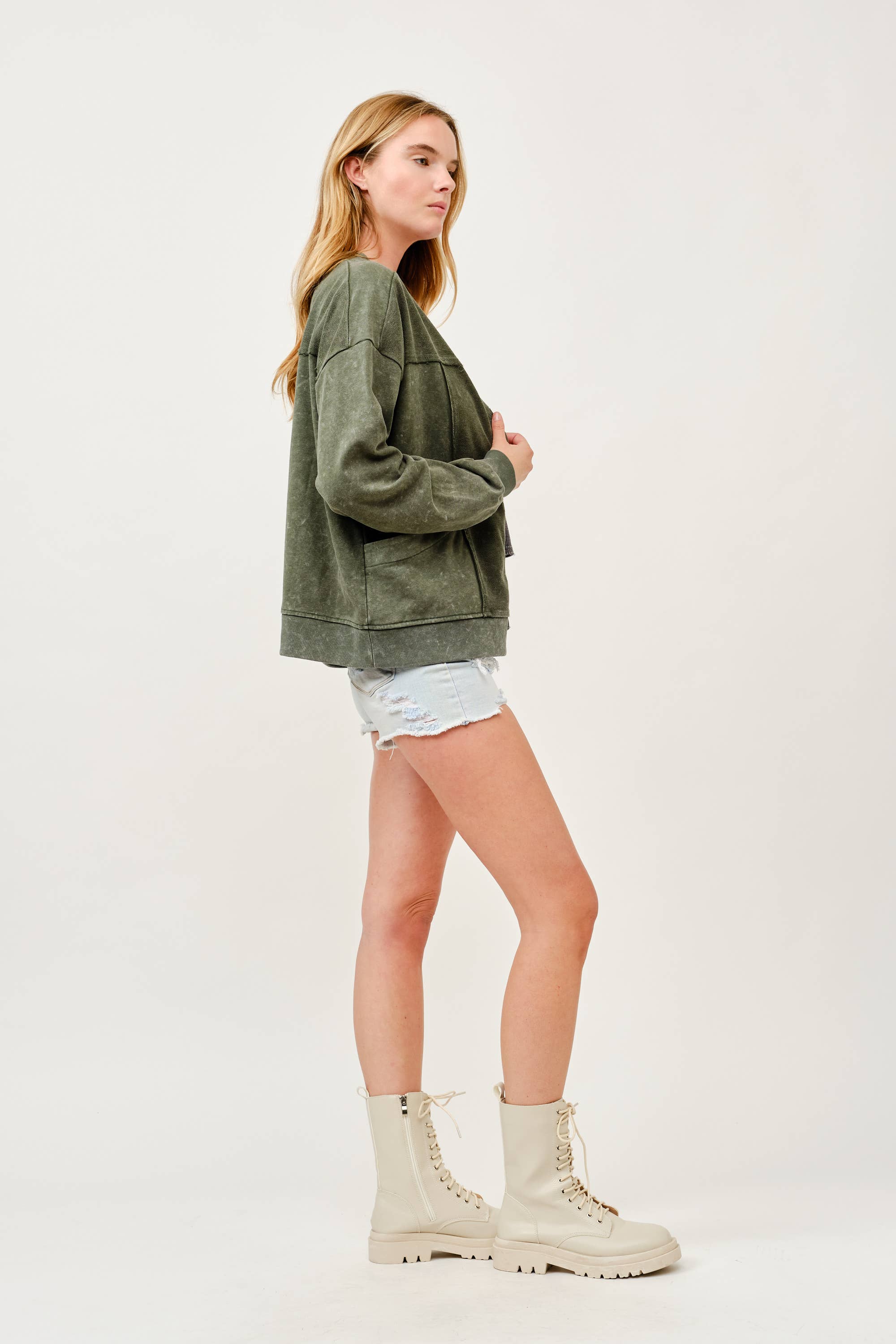 Washed Button-Front Cardigan Jacket with Pockets