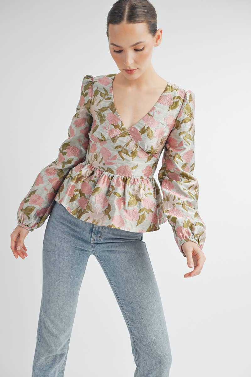 Floral Jacquard Peplum Blouse