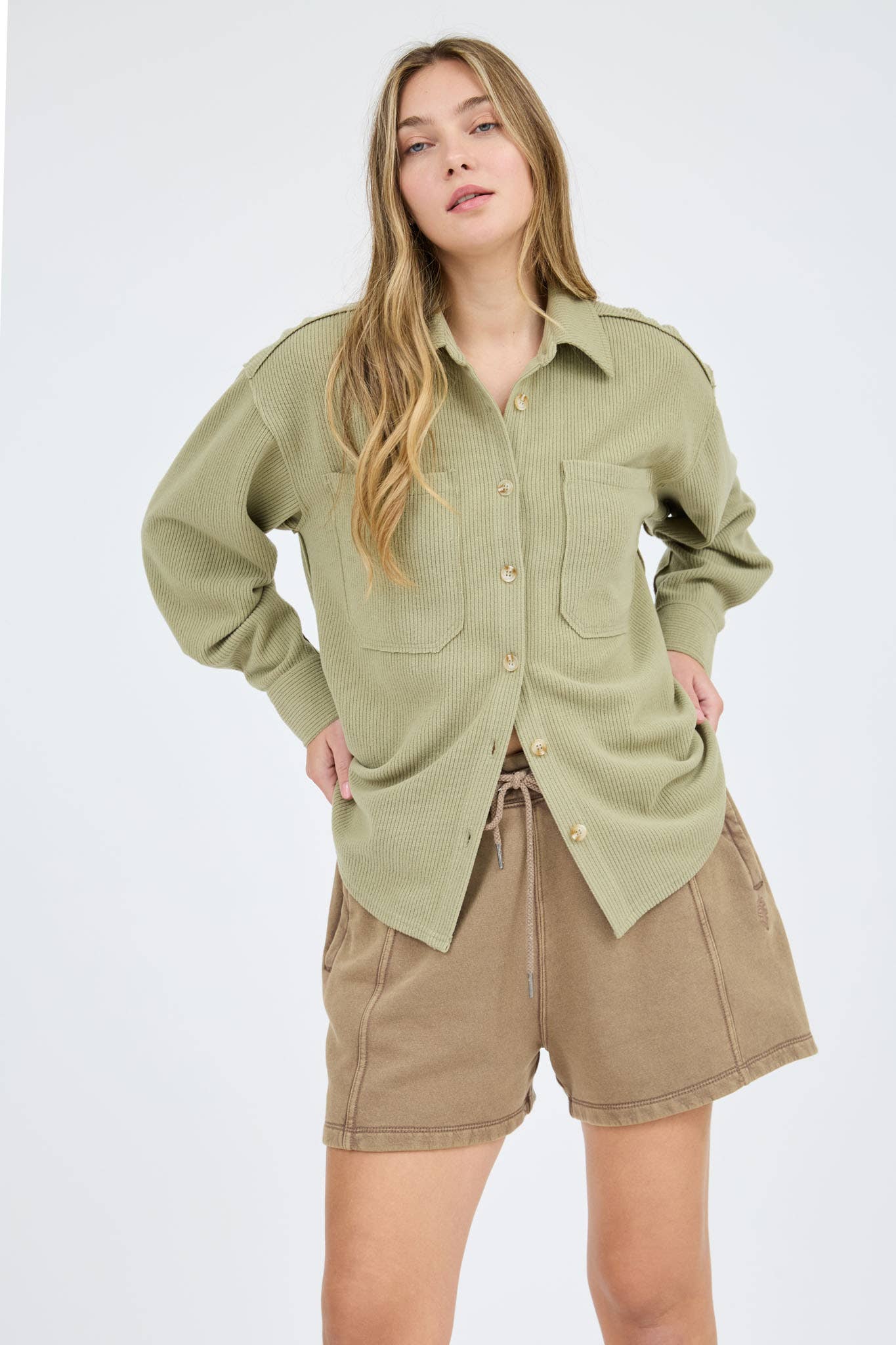 Blu Pepper Rib Knit Button-Up Top with Exposed Seams
