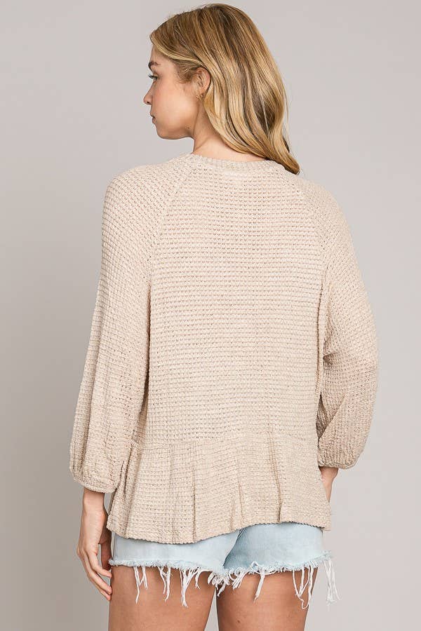 Peplum Soft Waffle Knit Top with Bracelet Sleeves
