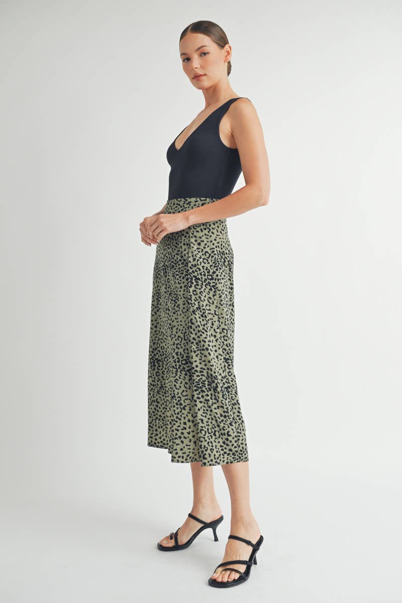 Olive Leopard Print Tiered Midi Skirt