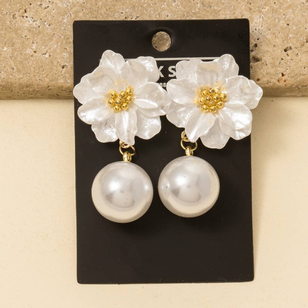 Flower and Pearl Dangle Statement Earrings