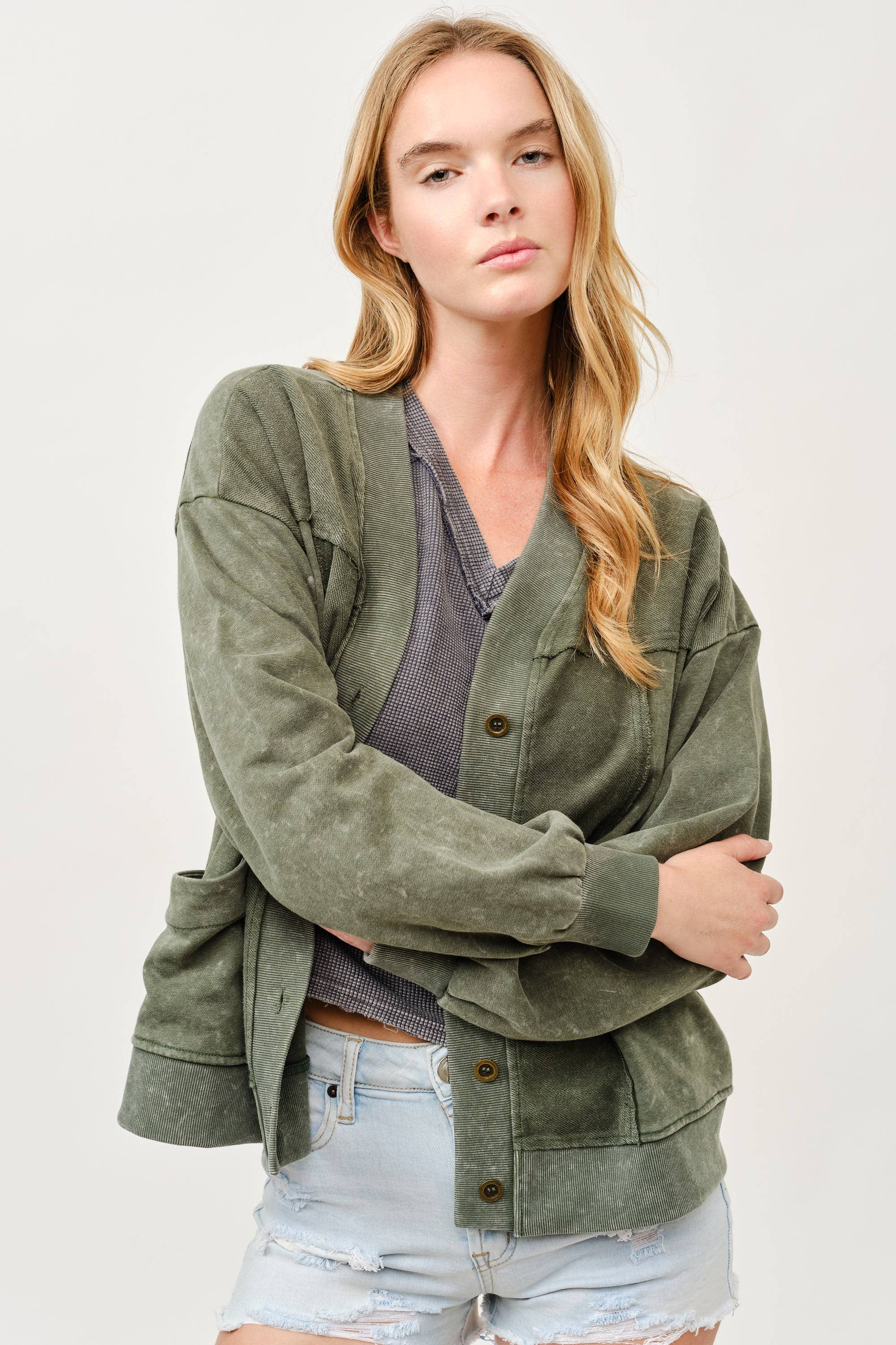 Washed Button-Front Cardigan Jacket with Pockets