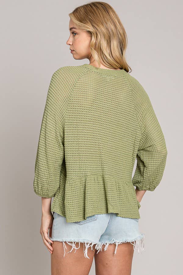Peplum Soft Waffle Knit Top with Bracelet Sleeves
