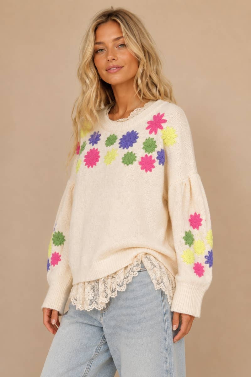 Floral Embroidered Round Neck Sweater Top
