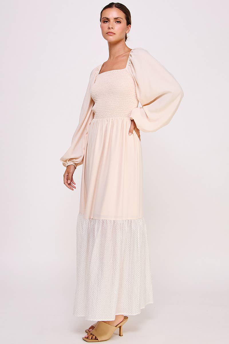 Blush Smocked Long Sleeve Maxi Dress with Shimmer Hem