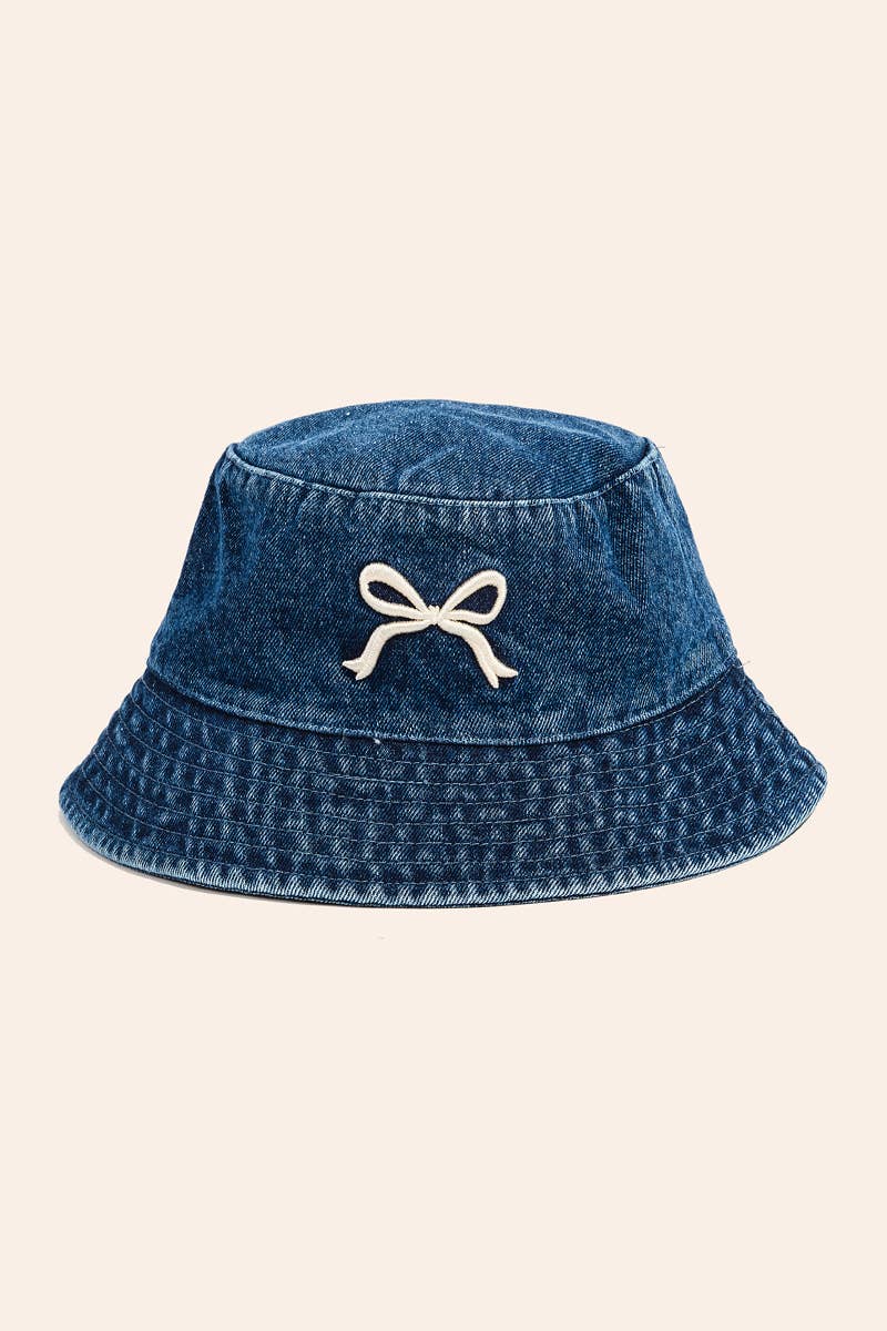 Embroidered Bow Denim Bucket Hat