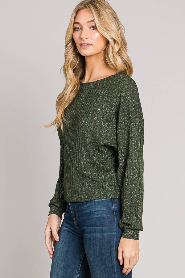 Boxy Long Sleeve Shimmer Lurex Rib Knit Crop Sweater