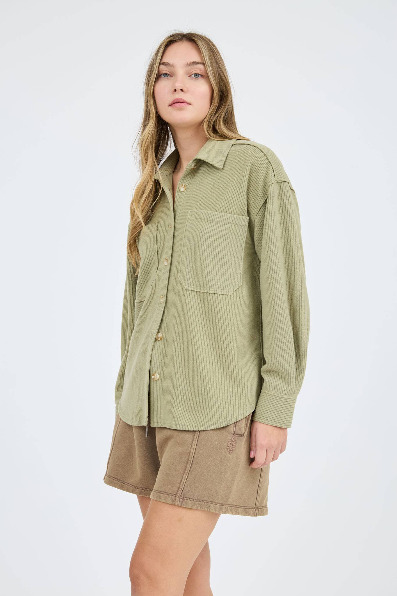 Blu Pepper Rib Knit Button-Up Top with Exposed Seams