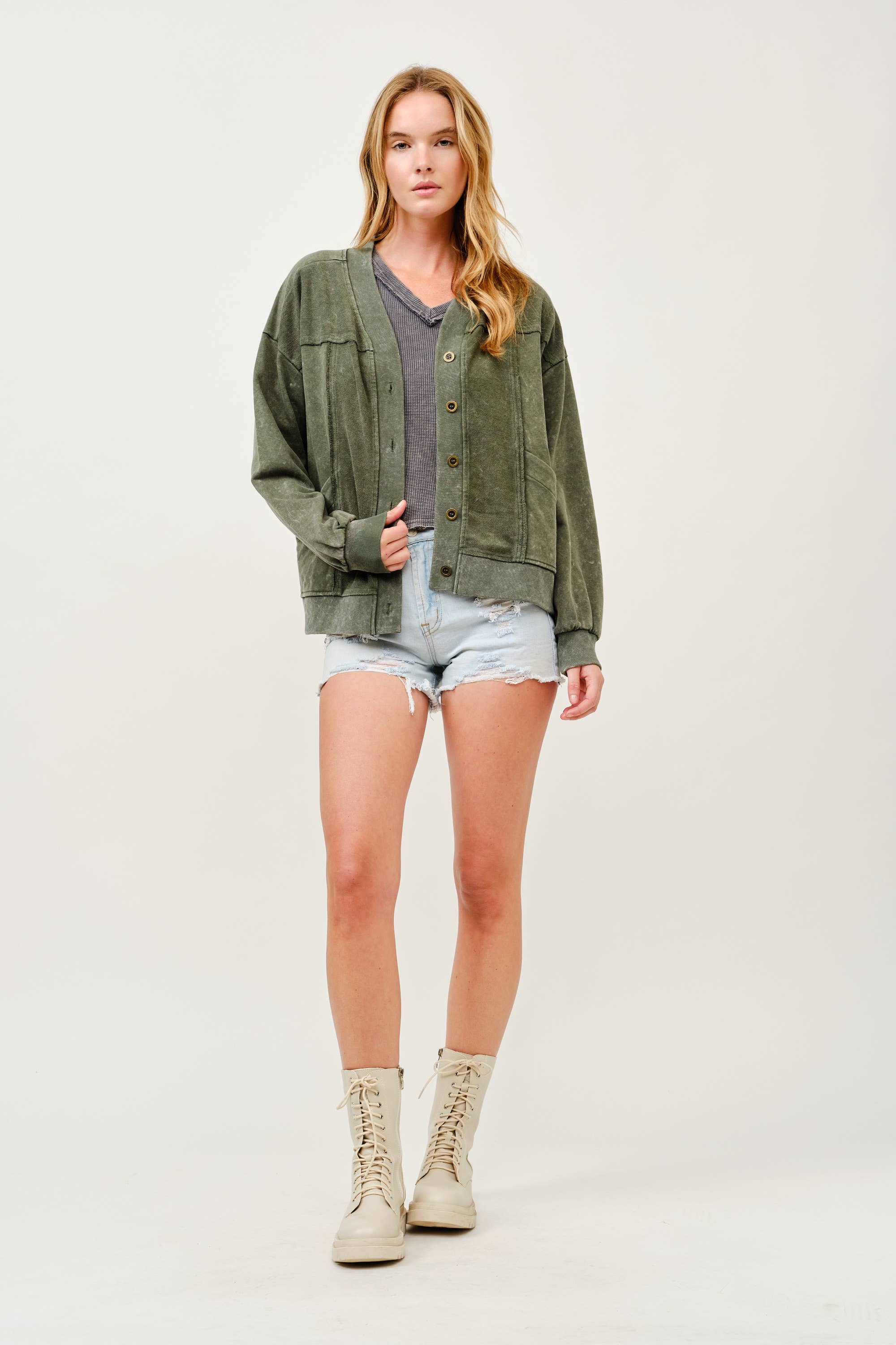 Washed Button-Front Cardigan Jacket with Pockets