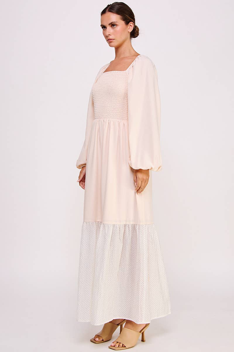 Blush Smocked Long Sleeve Maxi Dress with Shimmer Hem
