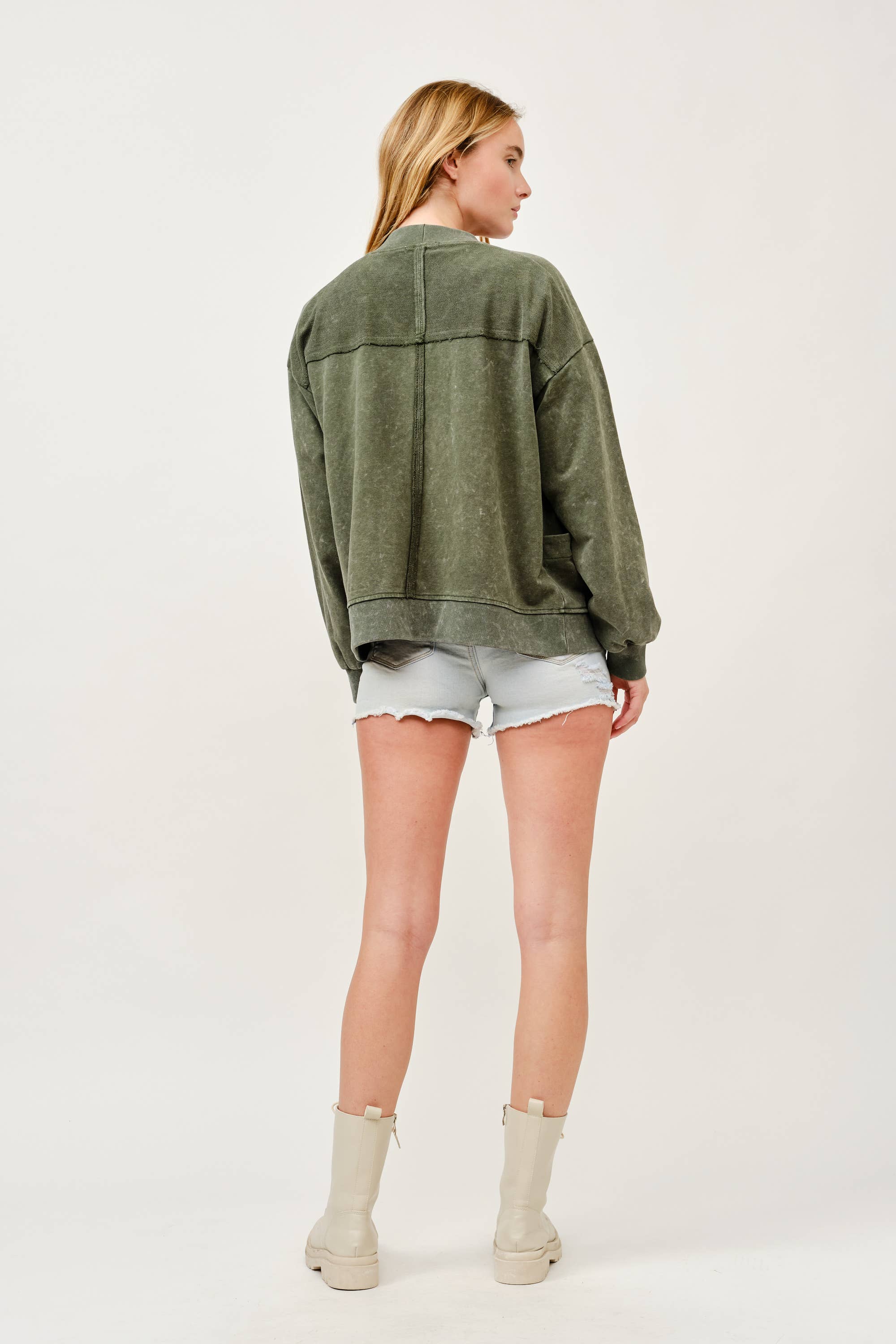 Washed Button-Front Cardigan Jacket with Pockets