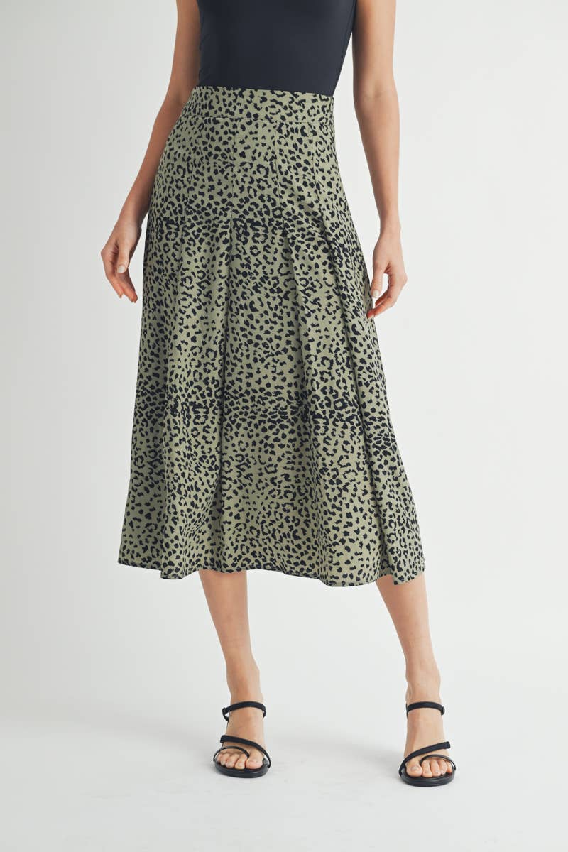 Olive Leopard Print Tiered Midi Skirt