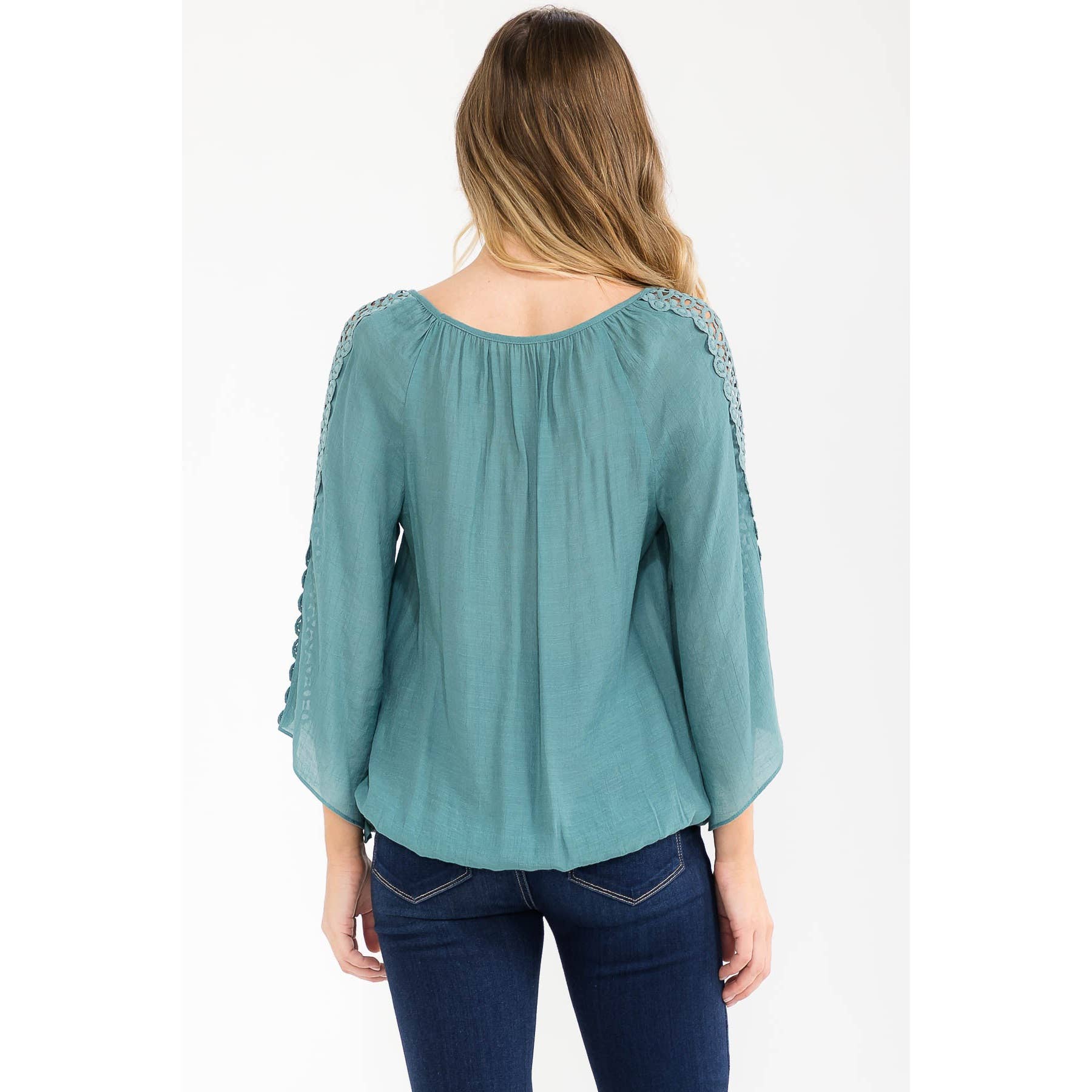 Boho Crochet-Sleeve Peasant Top with Bubble Hem