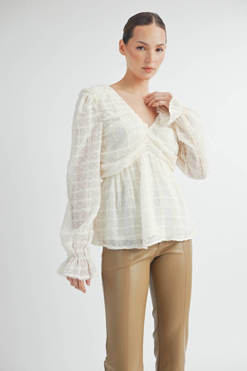Sheer Textured V-Neck Blouse with Back Ribbon Bow