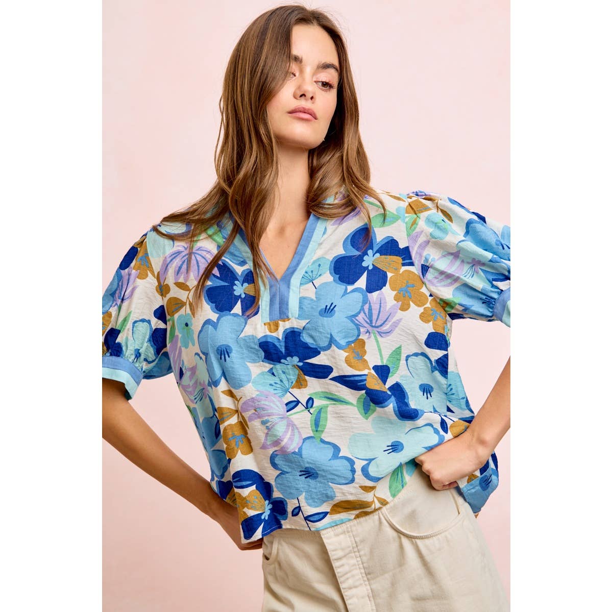 Bibi Woven Puff Sleeve Blouse with Contrast Trim