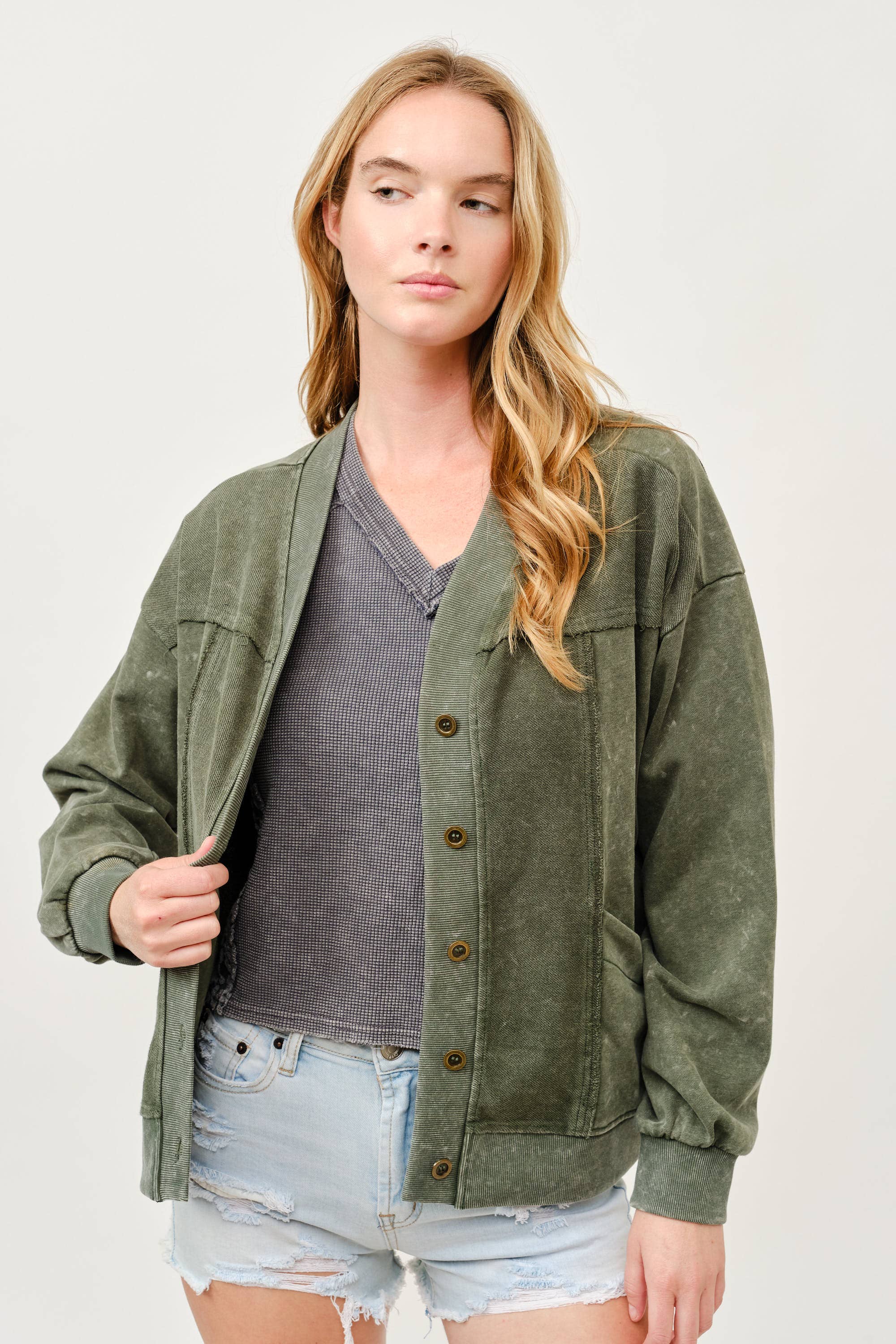 Washed Button-Front Cardigan Jacket with Pockets