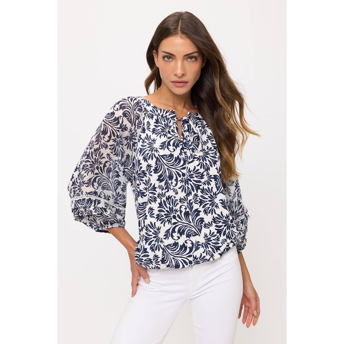 Mix Media Lattice Detail Bubble Hem Top