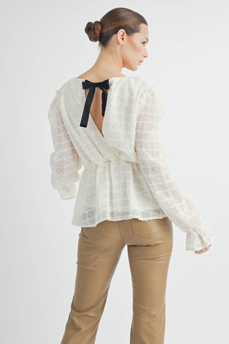 Sheer Textured V-Neck Blouse with Back Ribbon Bow