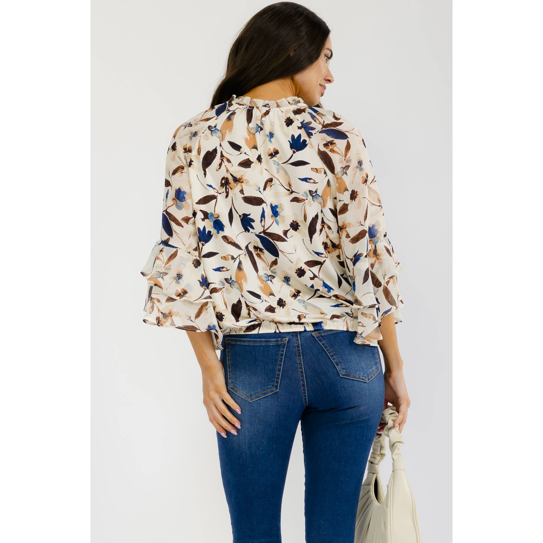 Floral Bell Sleeve with Tie Detail Peasant Top
