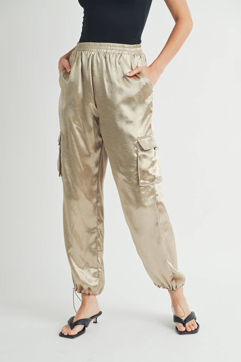 Satin Cargo Pants with Adjustable Drawstring Hem