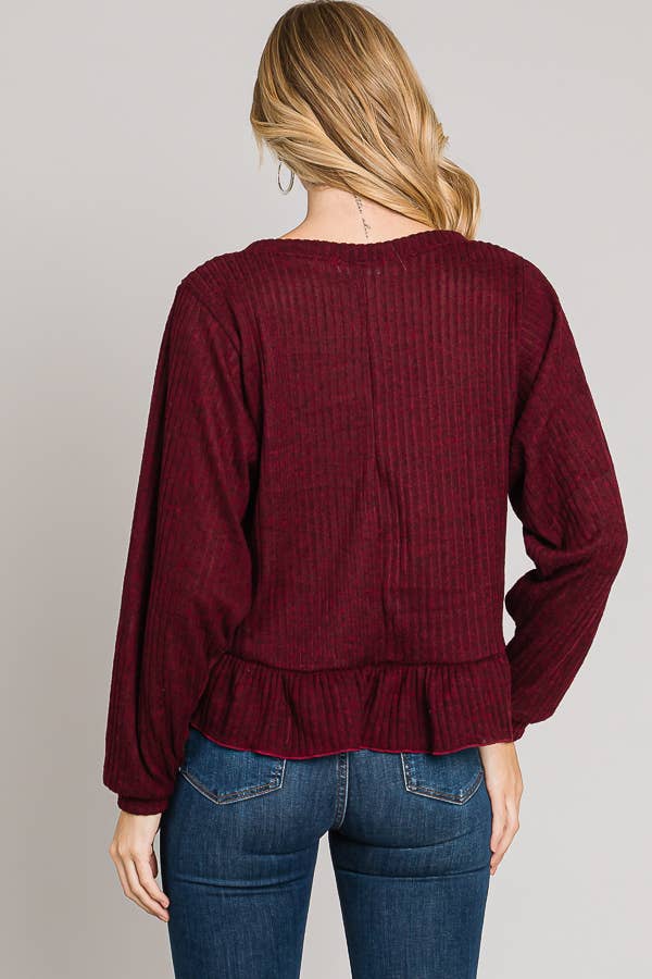 Ruffle Hem Brushed Rib Knit Long Sleeve Sweater
