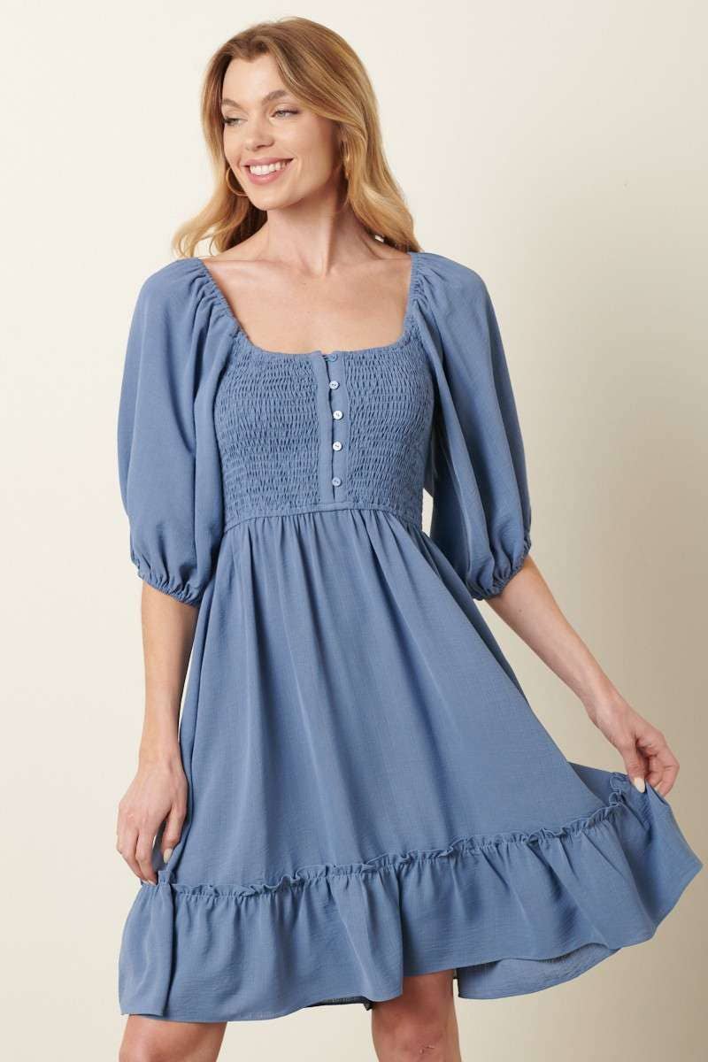 Mittoshop Smocking Detail Puff Sleeve Mini Dress