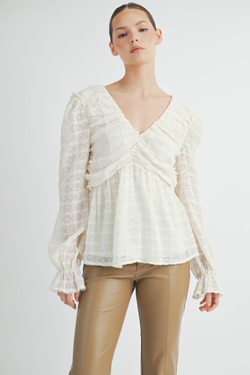 Sheer Textured V-Neck Blouse with Back Ribbon Bow