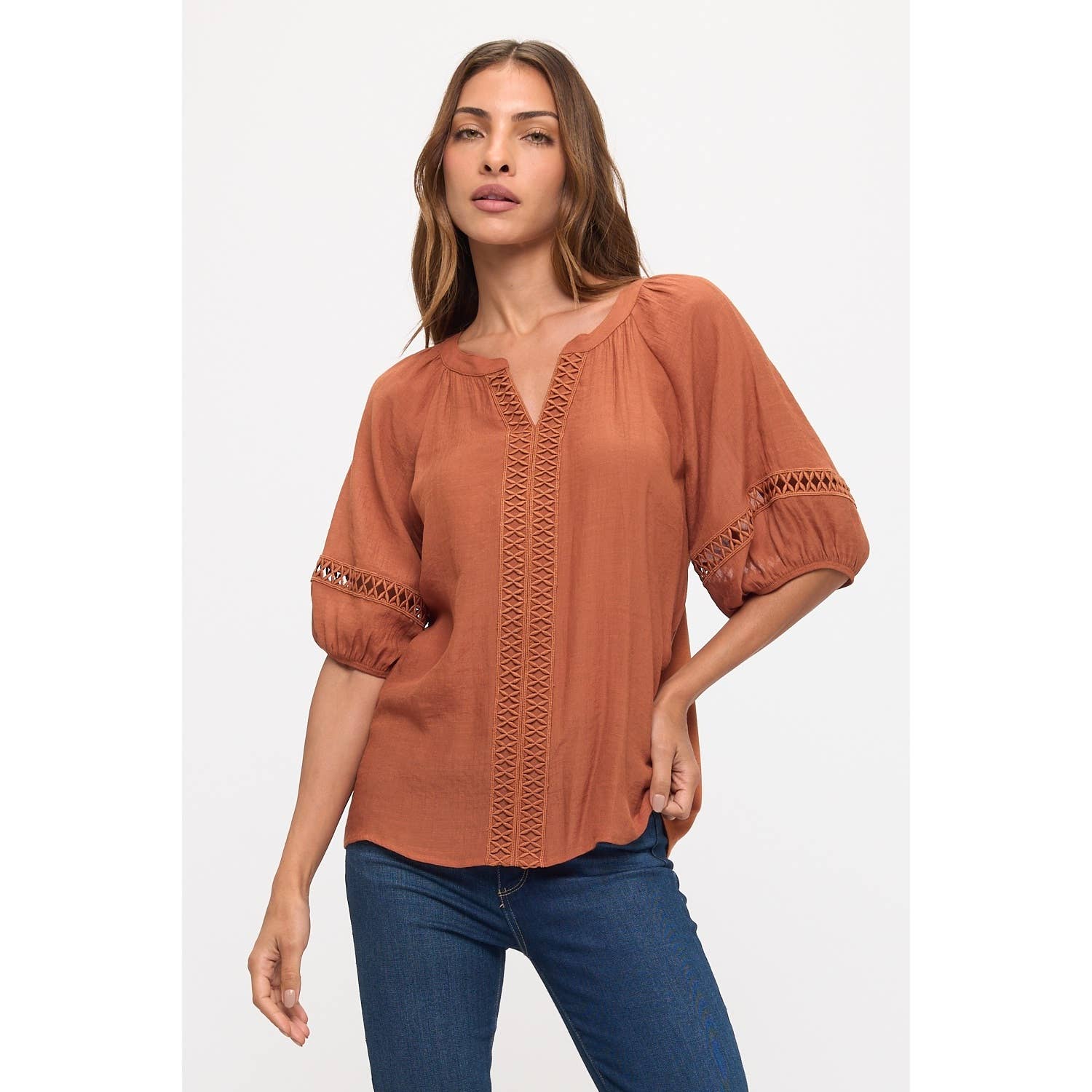 Mandarine Split Neck Peasant Top