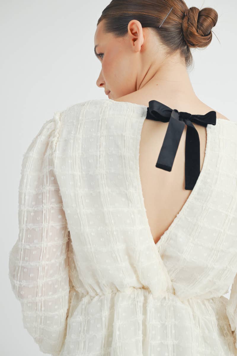 Sheer Textured V-Neck Blouse with Back Ribbon Bow
