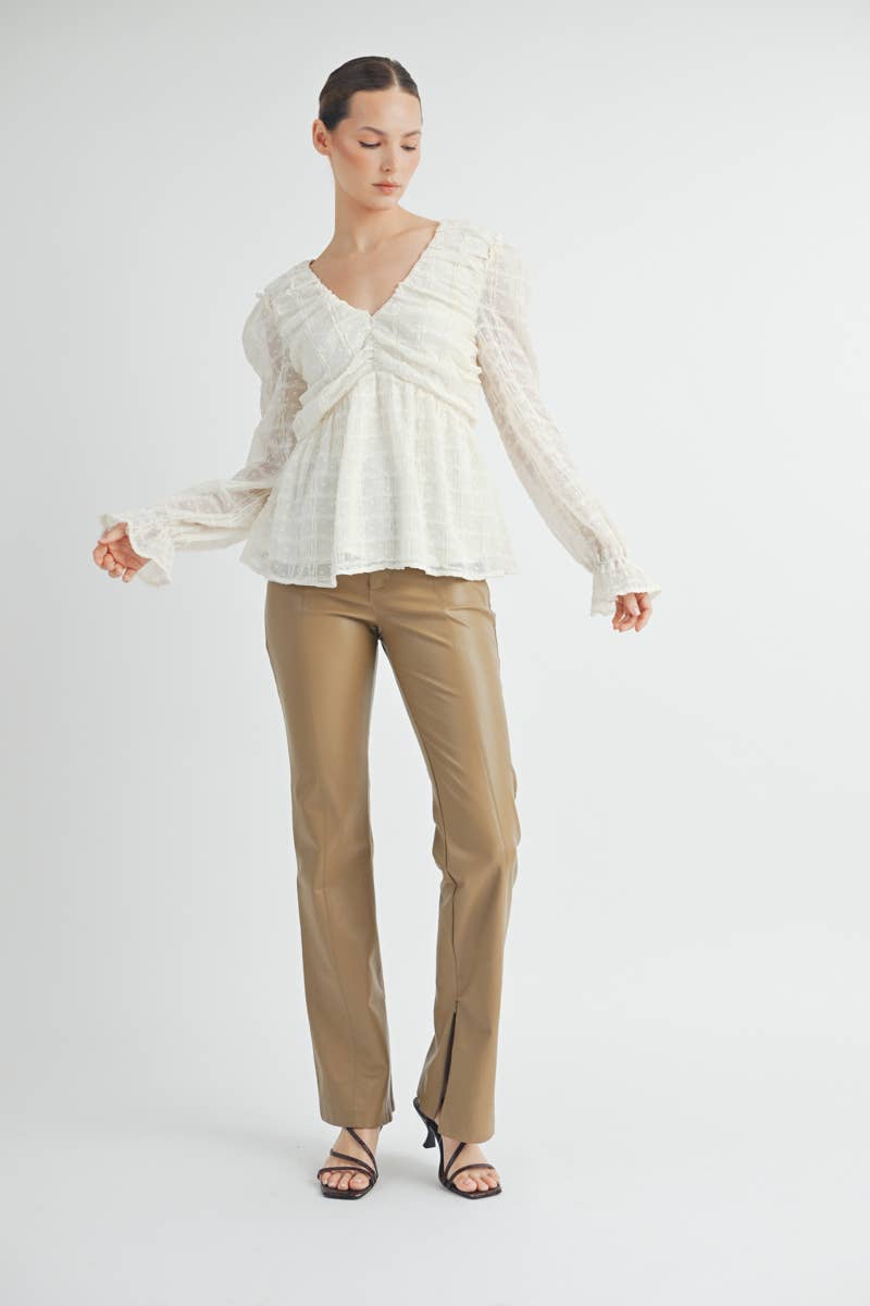 Sheer Textured V-Neck Blouse with Back Ribbon Bow