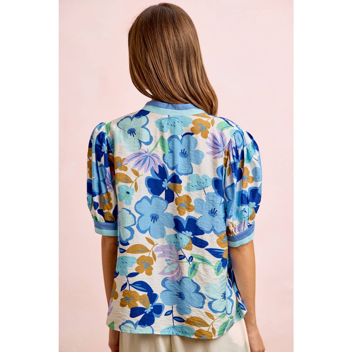 Bibi Woven Puff Sleeve Blouse with Contrast Trim