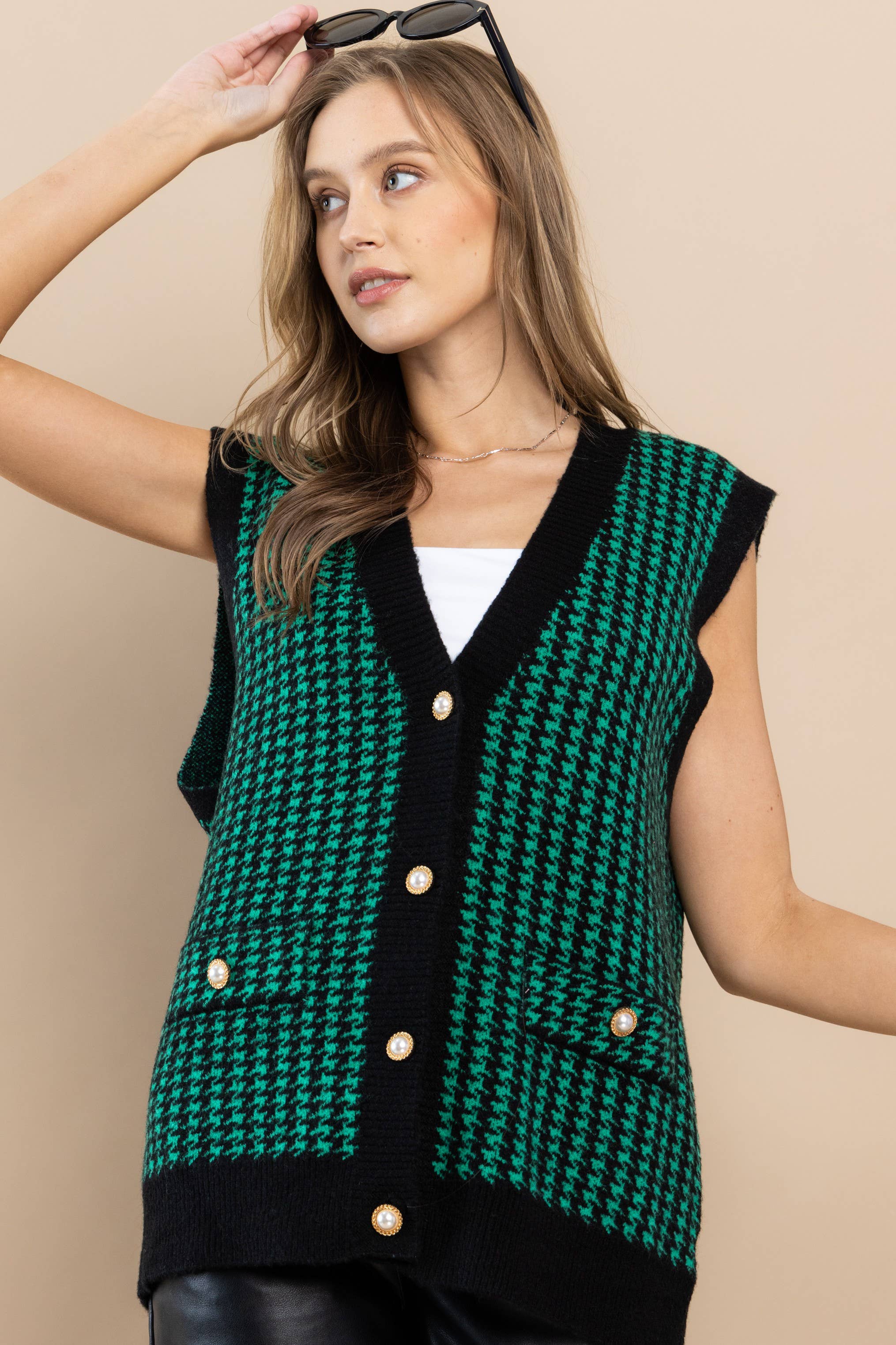 Button Front Sweater Vest with Houndstooth Pattern