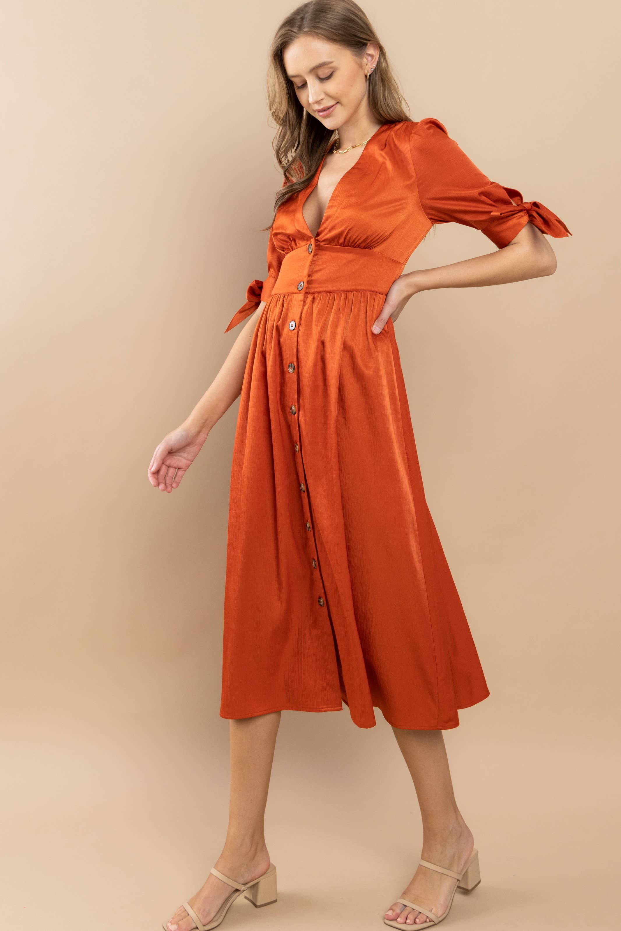 Button-Front Midi Dress with Tie Sleeves