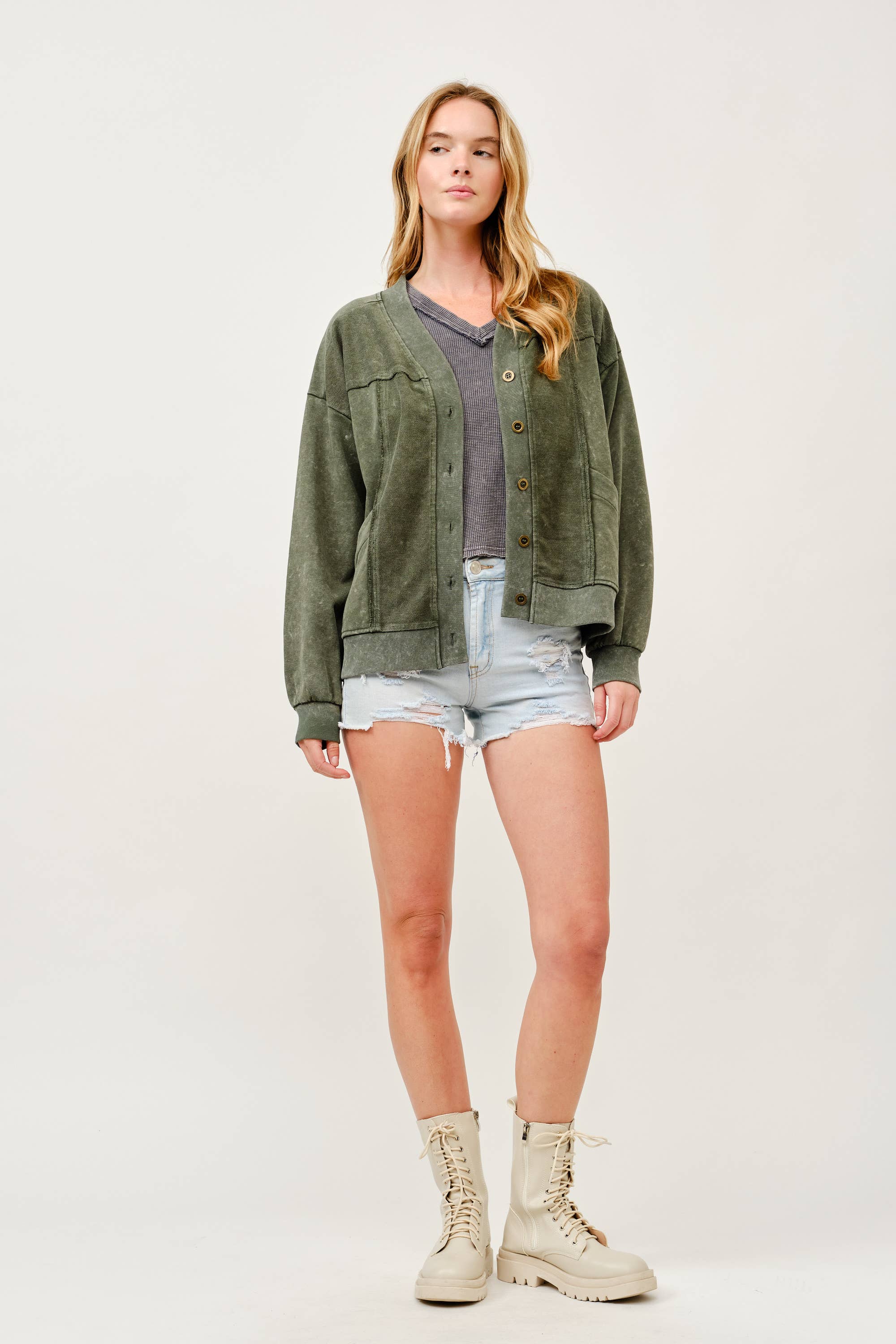 Washed Button-Front Cardigan Jacket with Pockets