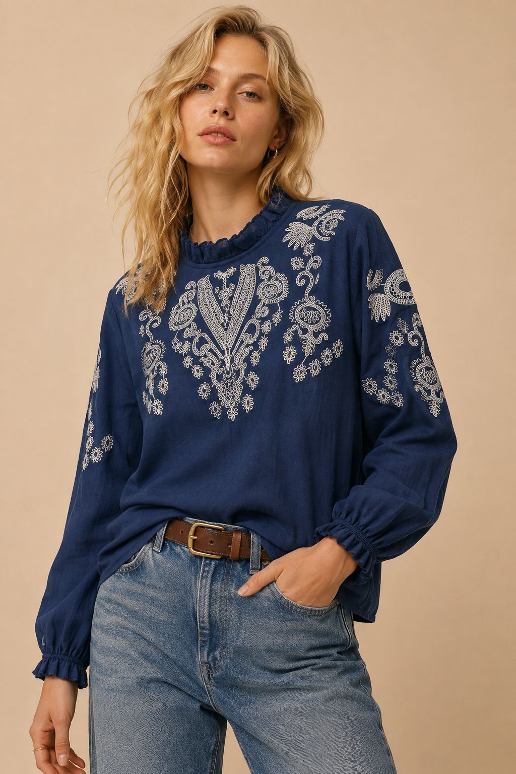 Navy Embroidered Long-Sleeve Boho Blouse