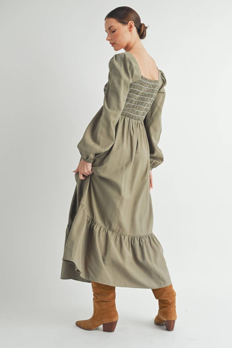 Olive Smocked Bodice Long Sleeve Midi Dress
