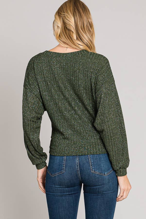 Boxy Long Sleeve Shimmer Lurex Rib Knit Crop Sweater