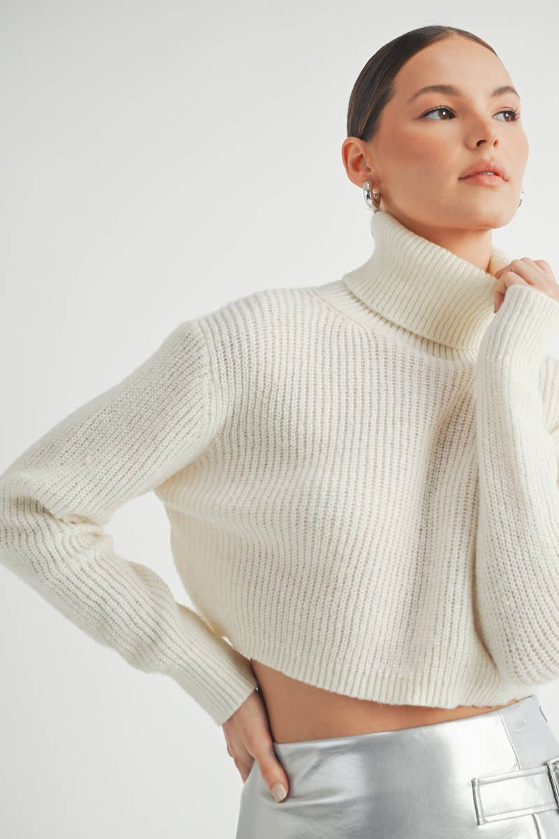 Cropped Mock Neck Knit Sweater