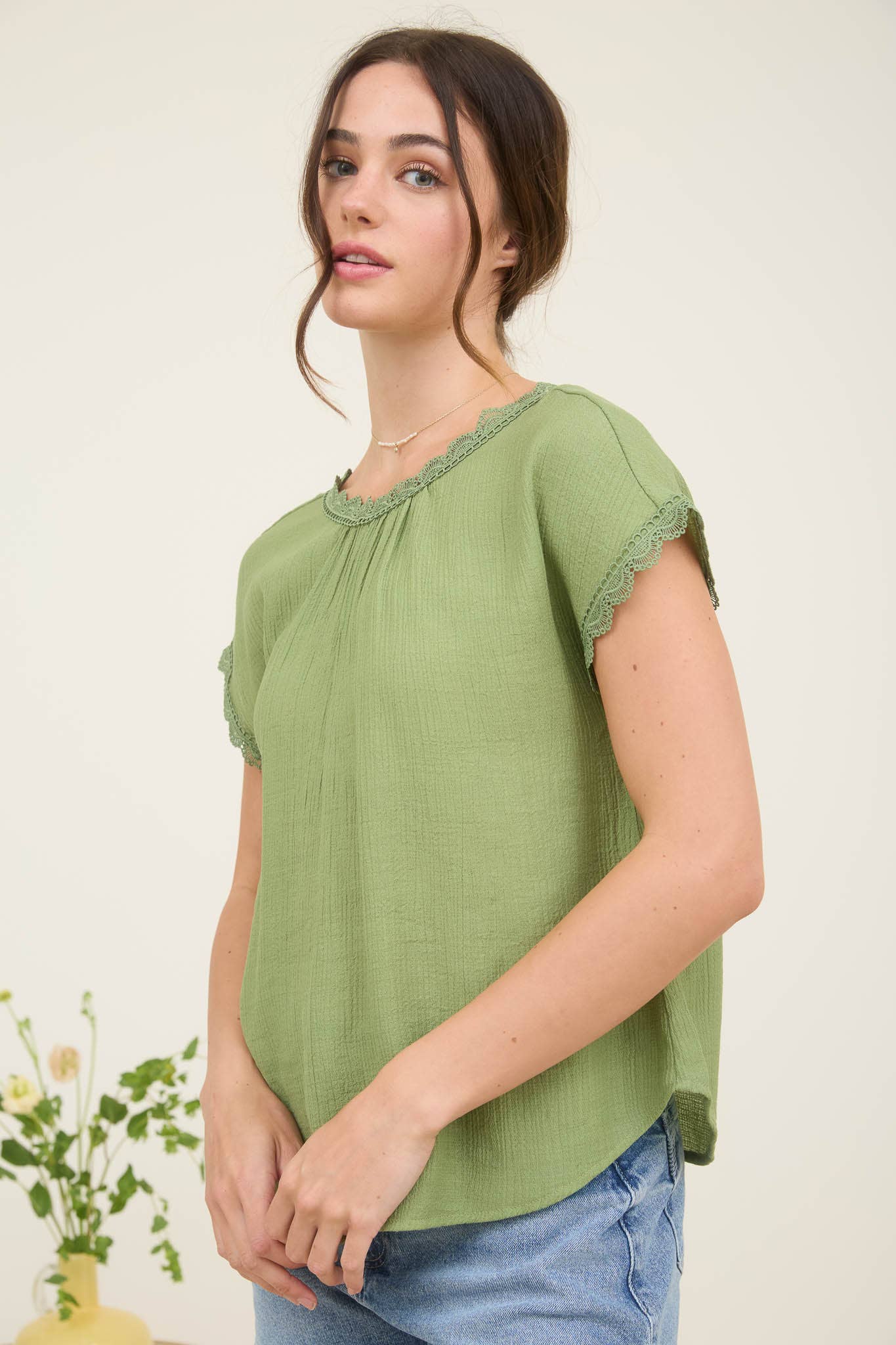 Blu Pepper Lace Trim Short Sleeve Blouse with Back Bow