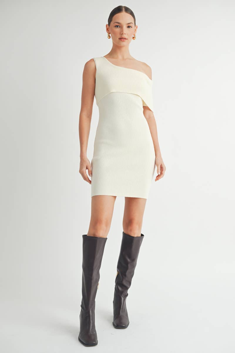 One Shoulder Ribbed Sweater Dress