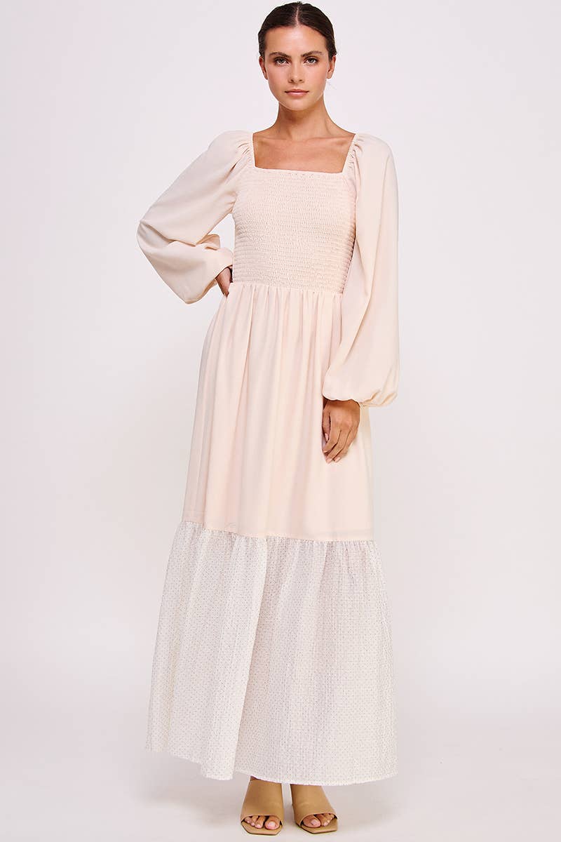 Blush Smocked Long Sleeve Maxi Dress with Shimmer Hem