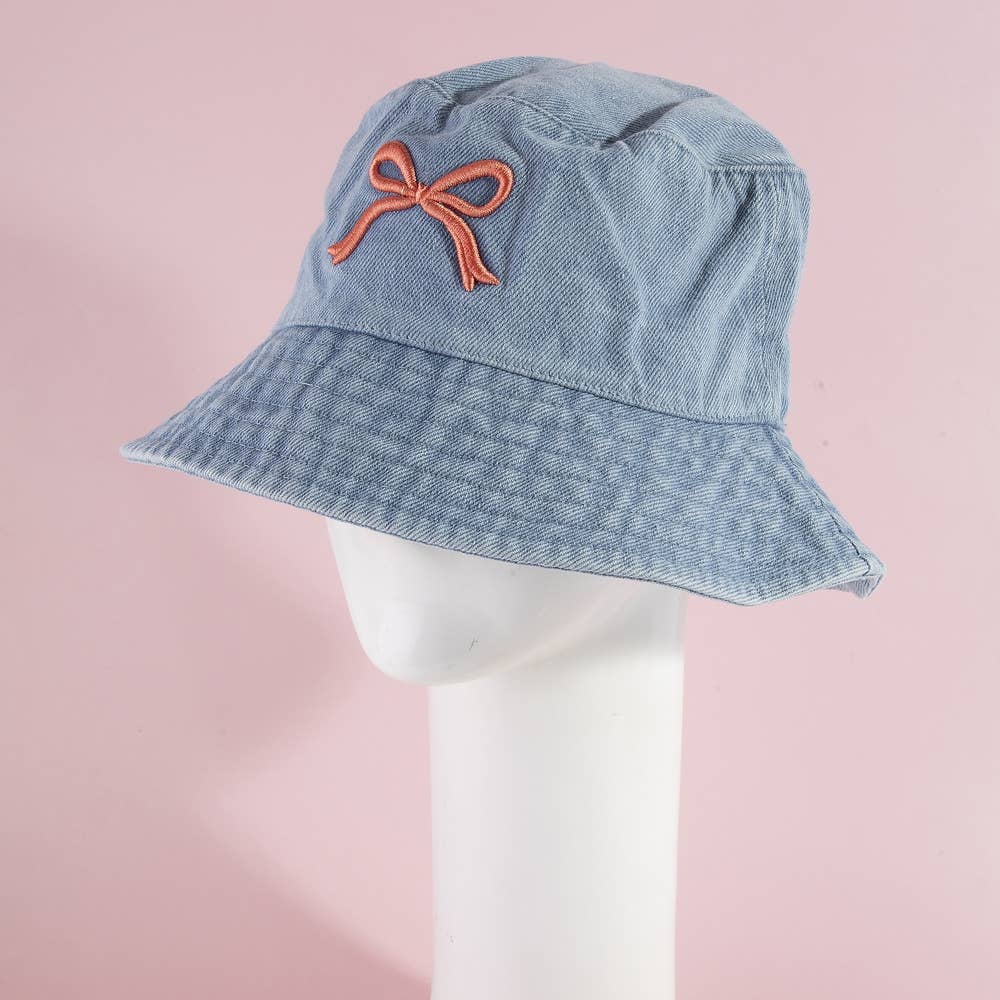 Embroidered Bow Denim Bucket Hat