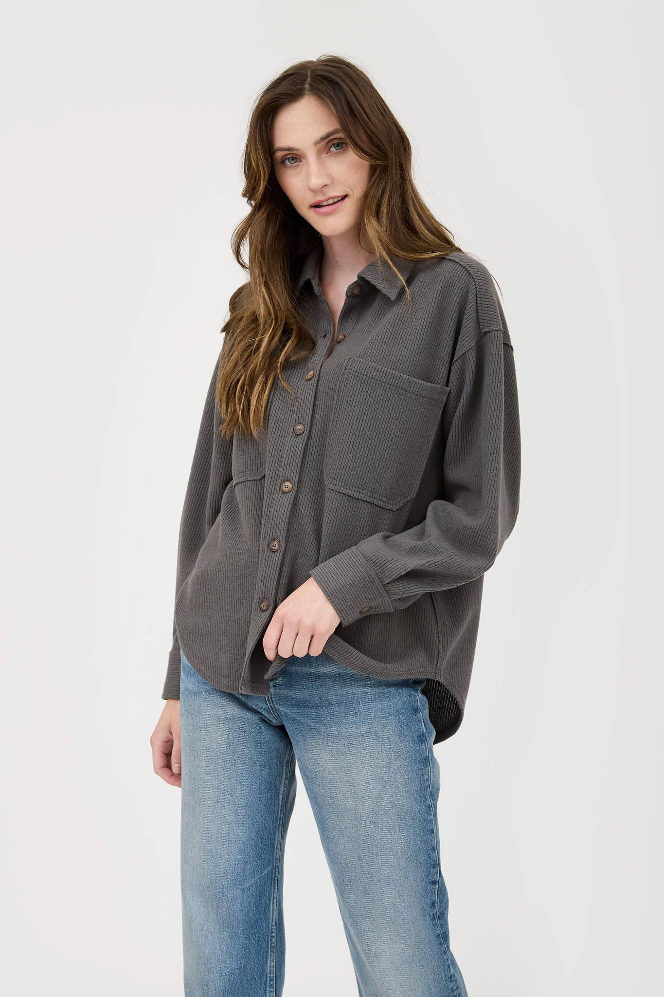 Blu Pepper Rib Knit Button-Up Top with Exposed Seams