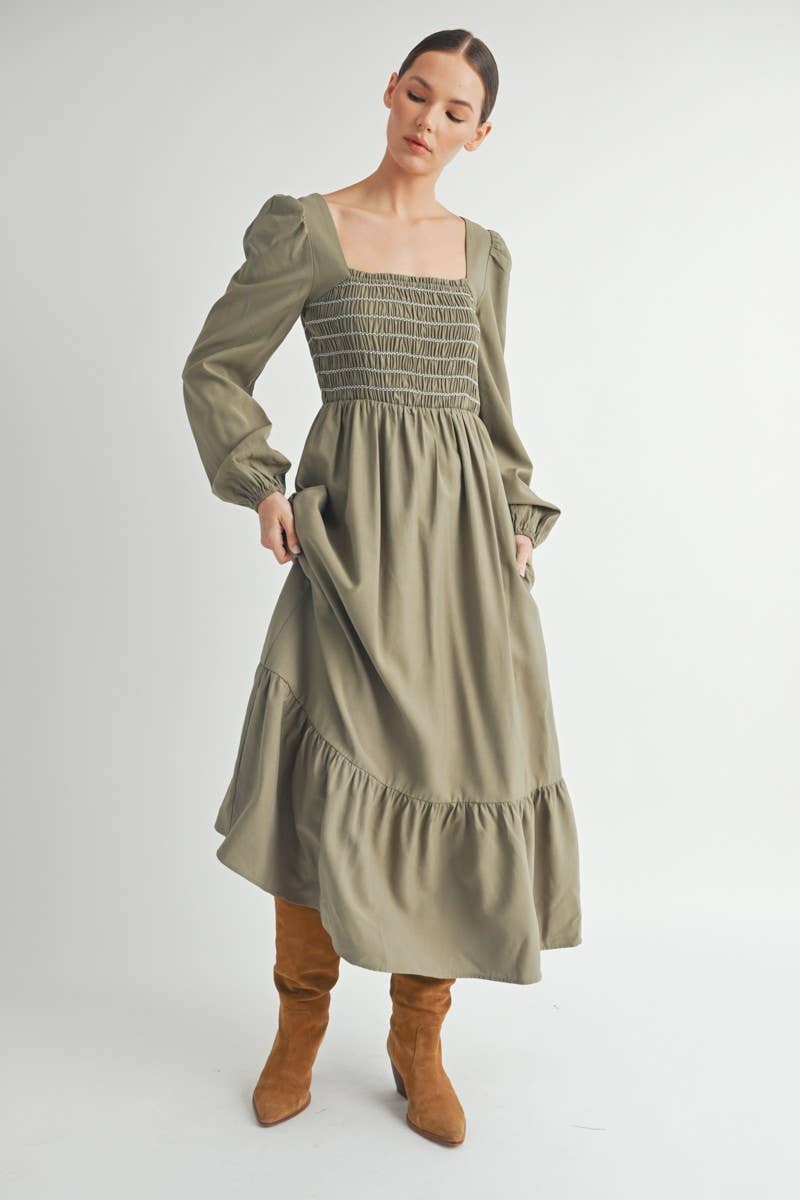 Olive Smocked Bodice Long Sleeve Midi Dress