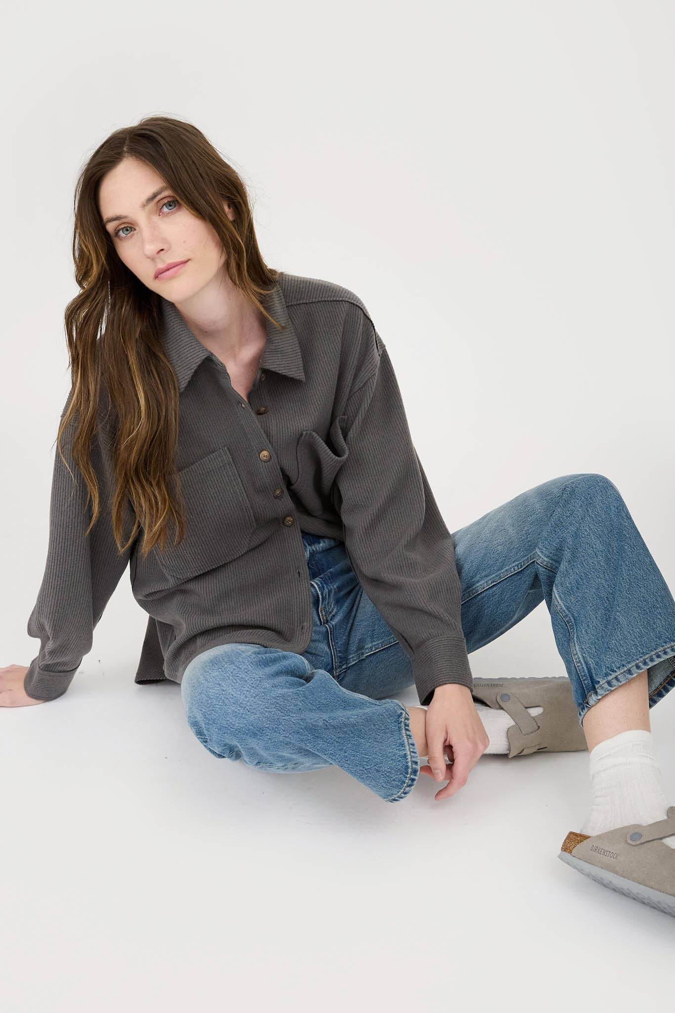 Blu Pepper Rib Knit Button-Up Top with Exposed Seams