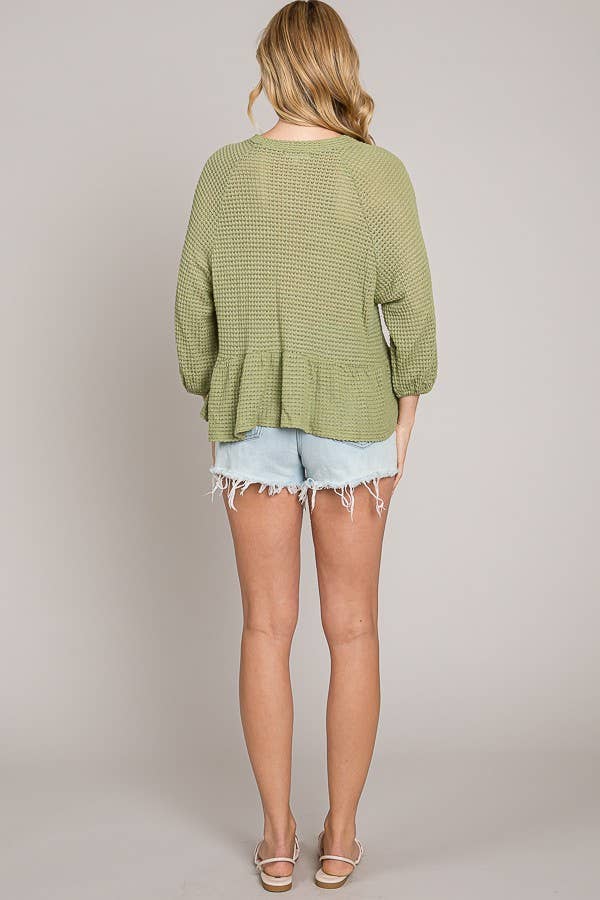 Peplum Soft Waffle Knit Top with Bracelet Sleeves