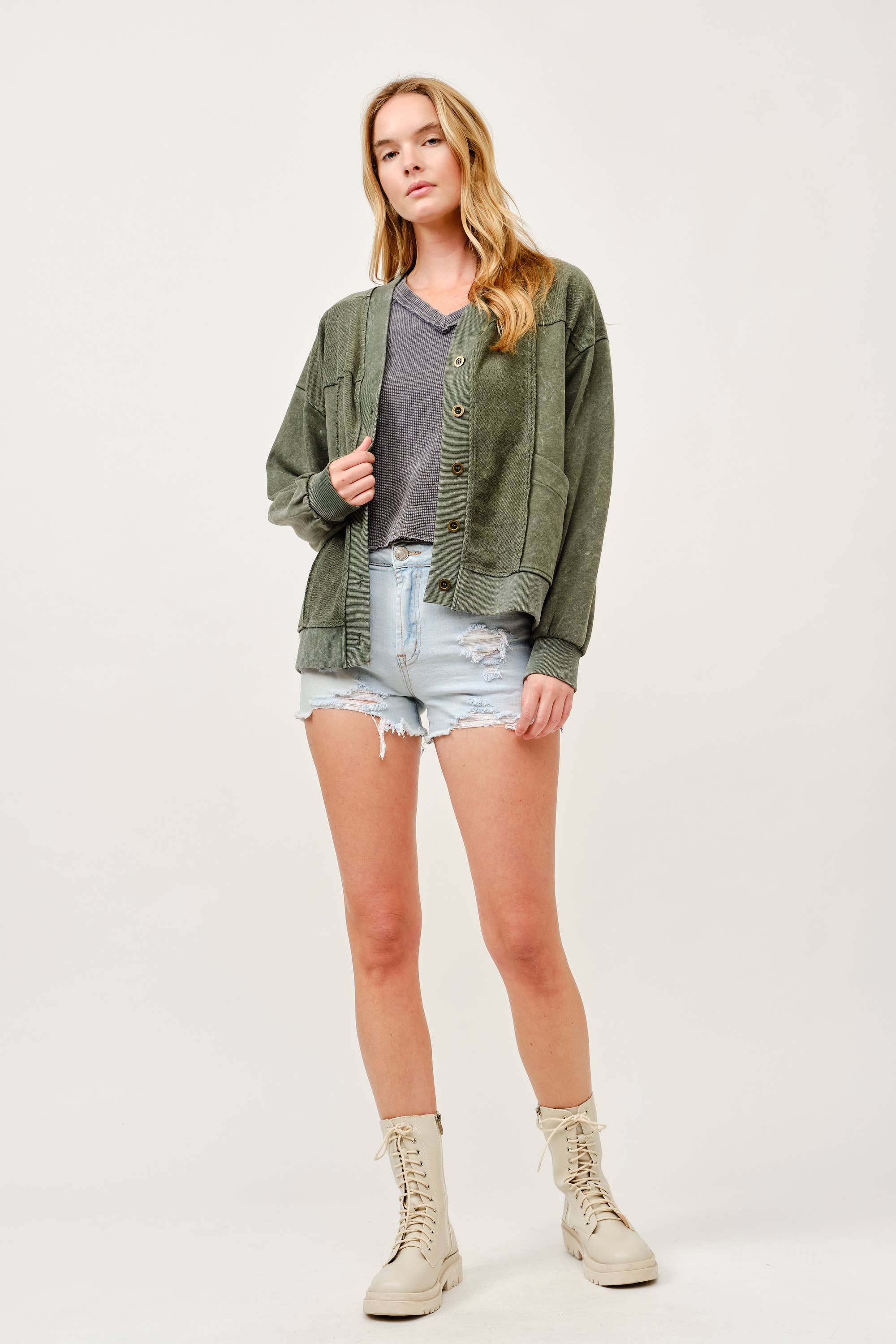 Washed Button-Front Cardigan Jacket with Pockets